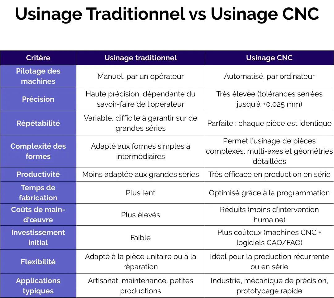Tableau comparatif usinage traditionnel vs usinage CNC